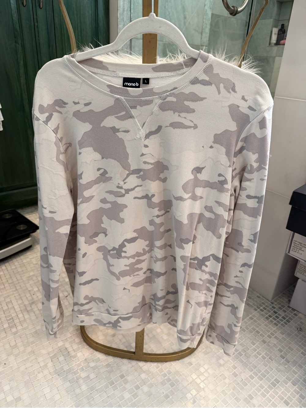 Mono B Beige & Gray Camo Crewneck Top - Picture 1 of 6